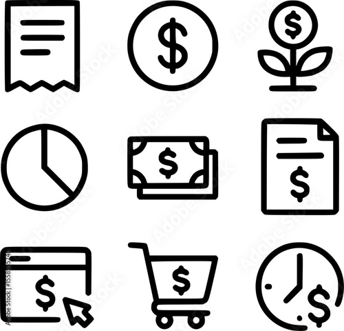 Finance Icon Set – Online Payment, Money Growth, Shopping, Tax, and Budget | Minimal Line Vector Pack