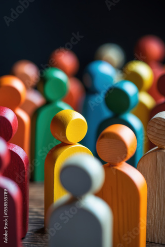 Backlit wooden multicolored figurines, population metaphor, diversity, inclusion, teamwork, human community. Conceptual image for social unity, equality, leadership. Vertical banner