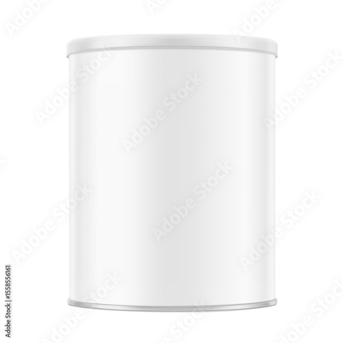 Tin can mockup for infant nutrition, baby powder milk, food. Vector illustration isolated on white background. Easy to use for presentation your product, idea, promo, design. EPS10.