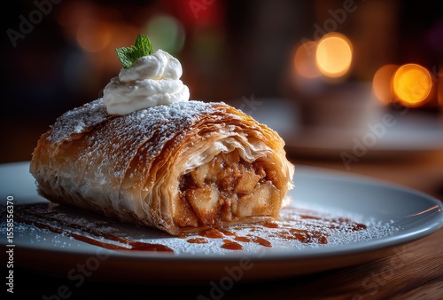 Delicious Apple Strudel with Whipped Cream and Mint Leaf on Elegant Plate, Garnished with Syrup and Powdered Sugar in Warm Ambient Light