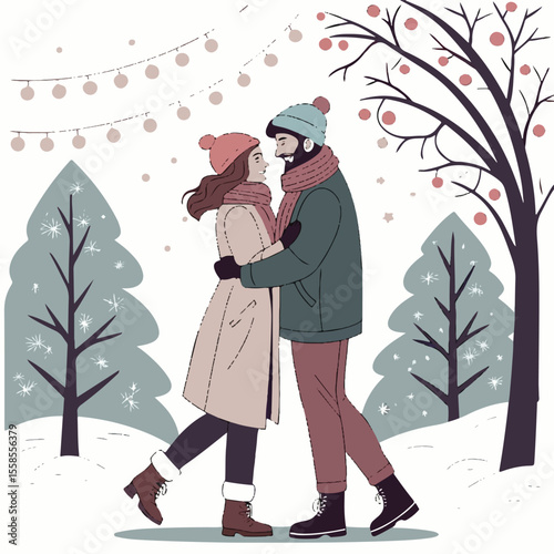 A romantic couple enjoys a peaceful walk-through nature, surrounded by trees and love in this beautifully drawn vector.