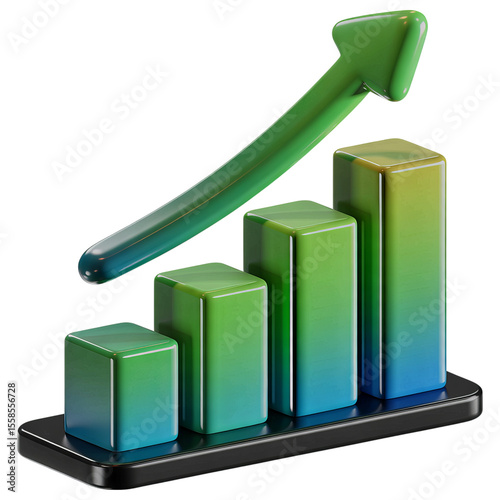 3d glossy bar graph with upward trending arrow indicating financial growth and success isolated on transparent background