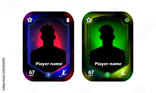 Silhouettes of male football players on collectible cards with national flags and player stats. Digital illustration for sports game template. Soccer and gaming concept. Design for banner, poster, car