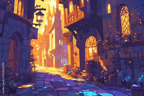 Flat vector illustration of view of medieval city street