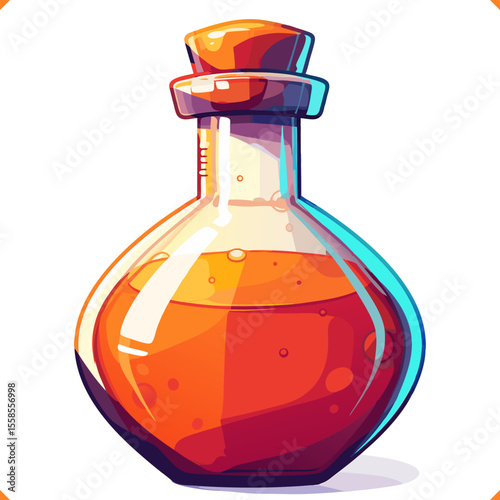 Laboratory flask with orange liquid on white background, hand-drawn vector illustration for science and education themes. 
Flat Vector Illustration on white background