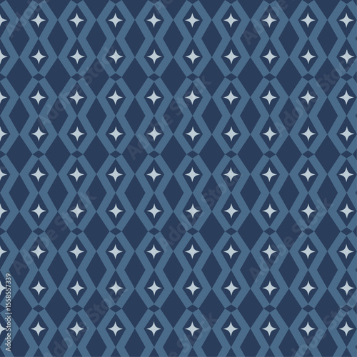 Seamless Blue Diamond Pattern with White Stars and Geometric Lattice