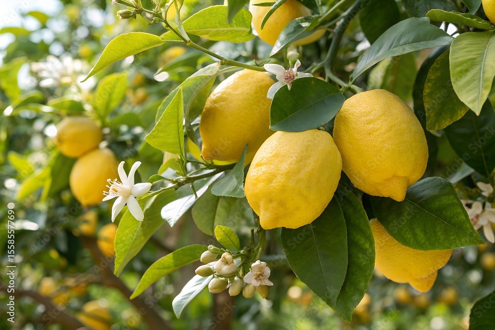 Bright yellow lemons hanging from a tree, surrounded by lush green leaves and delicate white lemon blossoms. The sun's light filters through the foliage on the left, creating a warm glow. Bright yellow lemons hanging from a tree, surrounded by lush green leaves and delicate white lemon blossoms. The sun's light filters through the foliage on the left, creating a warm glow.