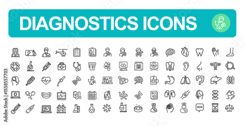 Diagnostics Sign Black Thin Line Icon Set Include of First Aid Kit, Virus, Stethoscope, Microscope and Dna. Vector illustration of Icons
