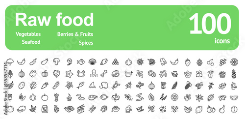 Raw Food Sign Black Thin Line Icon Set Include of Vegetable, Spice, Fruit, Berry and Seafood. Vector illustration of Icons