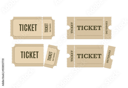 Realistic Detailed 3d Ticket Blank Admit Set for Party and Amusement Show Different Views . Vector illustration of Torn Tickets
