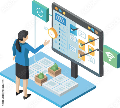 Isometric view of woman interacting with a large screen displaying files and various interface elements online