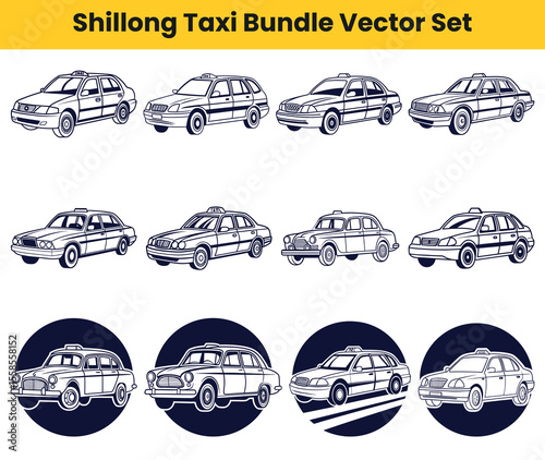 Shillong Taxi Icons Set Classic and Modern Car Line Art Illustrations Bundle