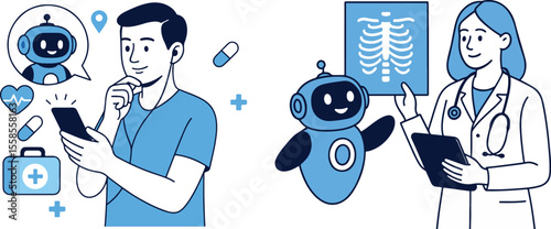 AI Healthcare: Doctor and Robot with Medical Assistance Vector Illustration.