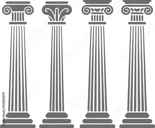 Four Gray Classical Columns Architectural Design Elements Silhouette Ionic Doric Tuscan Corinthian Styles Vector Illustration