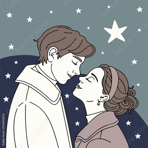 Nighttime romantic illustration of love and calm bonding between two individuals under glowing stars in a fantasy-inspired style.