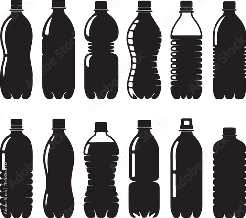 Twelve Black Silhouette Plastic Bottle Variations Collection Different Shapes and Sizes Beverage Container Icons Set