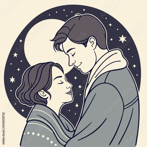 Beautiful cartoon scene showing two people lost in each other's gaze, capturing the magic of love and closeness in a minimal and elegant style.