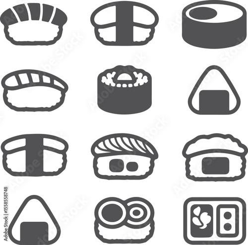 Twelve Gray and White Sushi and Onigiri Silhouette Icons Set Japanese Food Menu Graphic Design Elements