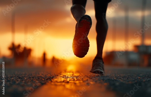 Runner athlete running on city road at sunrise. woman fitness jogging workout wellness concept.