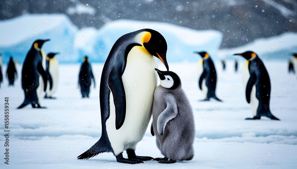 Fototapeta premium Emperor penguin parent gently nuzzling its fluffy chick amidst a snowy Antarctic landscape