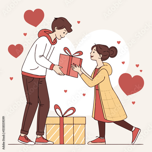 A couple exchanges gifts with happy expressions in this romantic vector illustration, showcasing mutual love and appreciation.