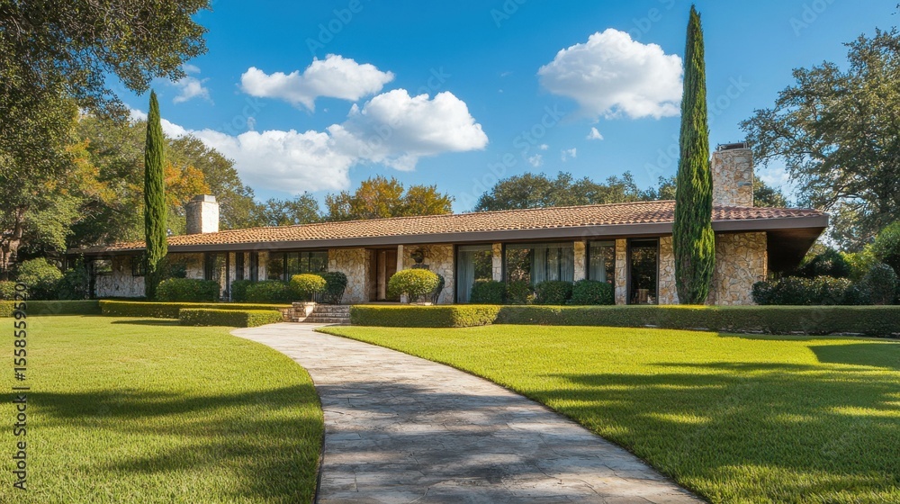 Fototapeta premium Large single-story house with landscaped grounds in suburban setting