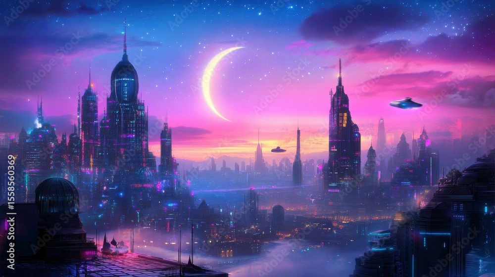 Obraz premium Futuristic cityscape with flying vehicles at night