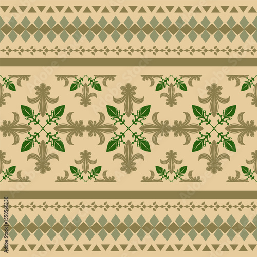 Royal Garland Ornament Haute Couture Medieval Baroque Old Money Seamless Border Pattern. Fleur de lis Lily Blooming with Deep Green Gold on Light Brown Background for Decoration Embroidery Apparel Rug