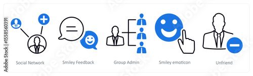 A set of 5 mix icons as social netork, smiley feedback, group admin