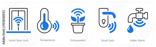 A set of 5 mix icons as smart door lock, temperature, environment