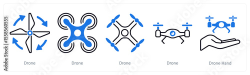 A set of 5 mix icons as drone, drone hand, flying