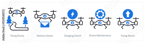 A set of 5 mix icons as flying drone, delivery drone, charging drone