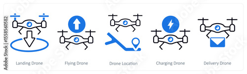 A set of 5 mix icons as landing drone, flying drone, drone location