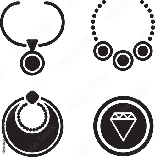 Black and White Silhouette Icons of Necklaces Pendants and a Diamond Jewelry Set Design Elements for Fashion or Branding