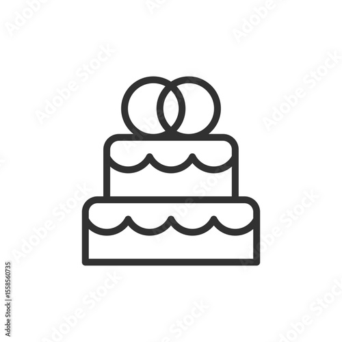 Wedding cake with rings, linear icon. Celebration dessert for marriage ceremony. Line with editable stroke.