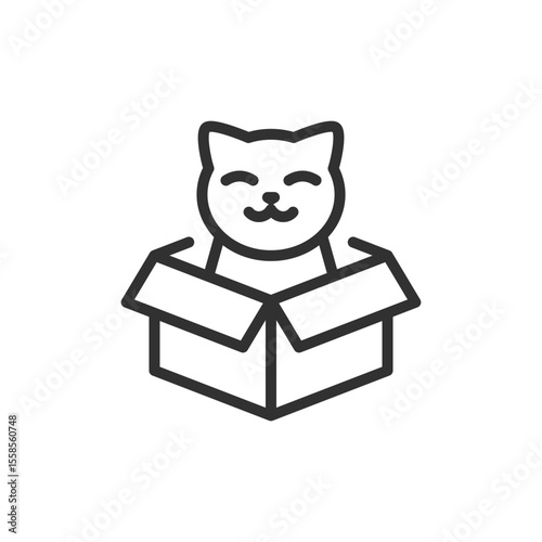 Cat in box, linear icon. Cute surprise, playful packaging concept. Line with editable stroke.