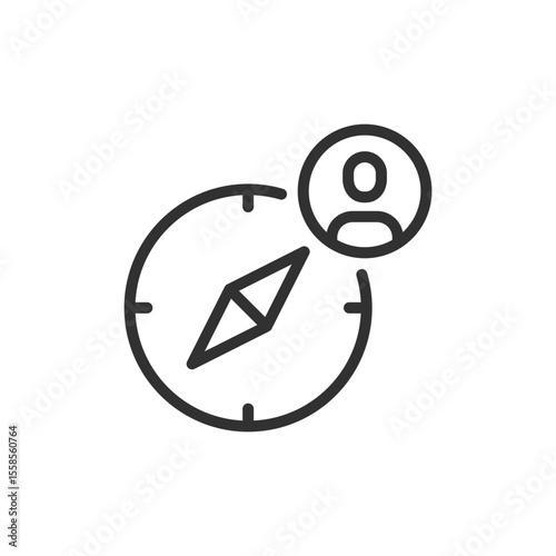 Compass with user icon, linear icon. Customer journey and navigation. Line with editable stroke.