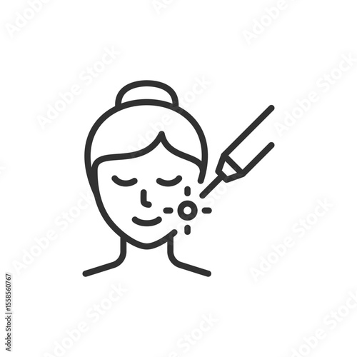 Woman with serum dropper, linear icon. Skincare treatment and face care. Line with editable stroke.
