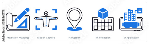 A set of 5 mix icons as projection mapping, motion capture, navigation