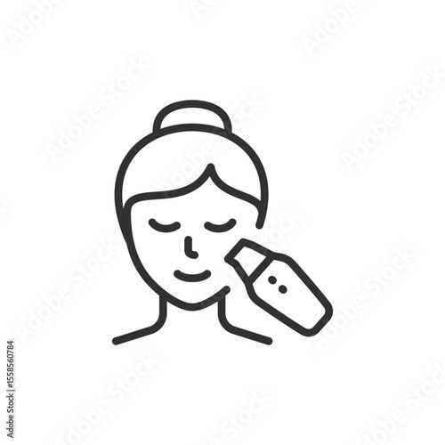 Woman with eye patches, linear icon. Skincare, rejuvenation, and beauty care. Line with editable stroke.