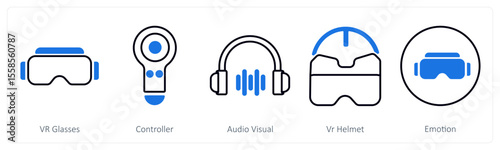 A set of 5 mix icons as vr glasses, controller, audio visual