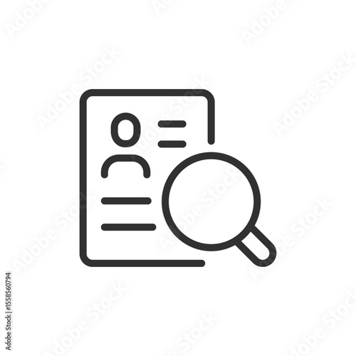 Resume with magnifier, linear icon. Job candidate review and HR search. Line with editable stroke.