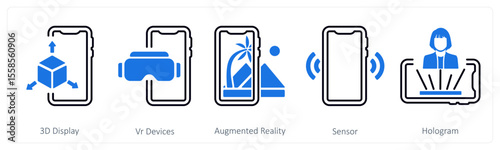 A set of 5 mix icons as 3d display, vr devices, augmented reality