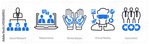 A set of 5 mix icons as social network, telepresence, wired gloves