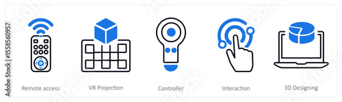 A set of 5 mix icons as remote access, vr projection, controller