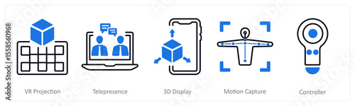 A set of 5 mix icons as vr projection, telepresence, 3d display