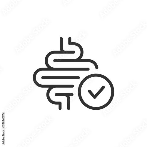 Intestines with checkmark, linear icon. Gut health or digestive wellness. Line with editable stroke.