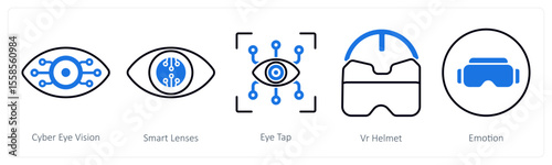 A set of 5 mix icons as cyber eye vision, smart lenses, eye tap