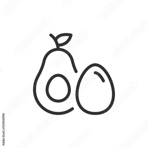 Whole and sliced avocado, linear icon. Healthy fat or superfood. Line with editable stroke.