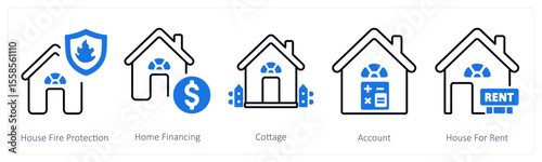 A set of 5 mix icons as house fire protection, home financing, cottage
